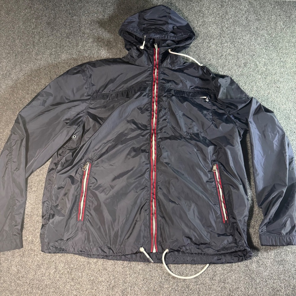 Polo Ralph Lauren Mens XL Navy Blue Hooded Windbreaker Full Zip Jacket Striped